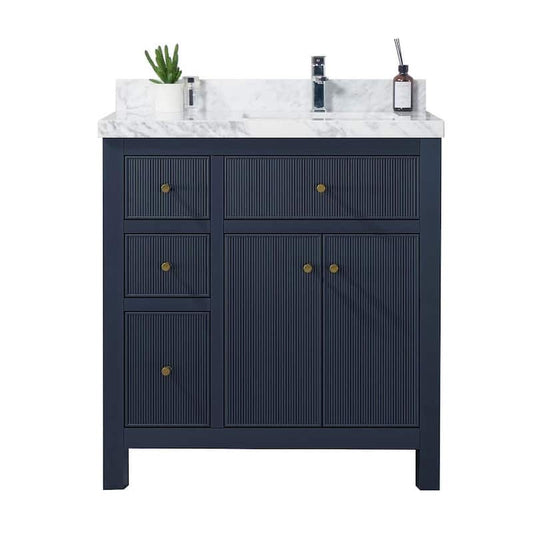 Sonoma 36 in. W x 22 in. D x 36 in. H Right Offset Sink Bath Vanity in Navy Blue with 2 in Carrara Marble Top