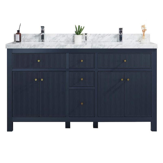 Sonoma 60 in. W x 22 in. D x 36 in. H Double Sink Bath Vanity in Navy Blue with 2 in. Carrara Marble Vanity Top