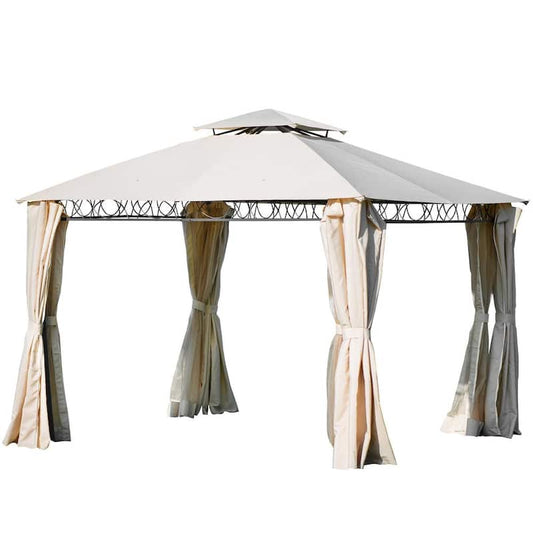 10.6 ft. x 10.6 ft. Outdoor Gazebo Double Tiered Roof Patio Gazebo, Grill Canopy Tent with Metal Frame, Beige Curtains