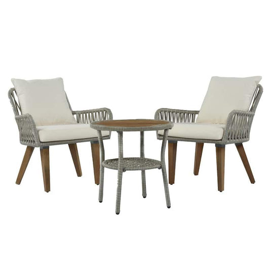 Tomie 3-Piece Gray Aluminum Round Table Outdoor Bistro Set with Beige Cushions