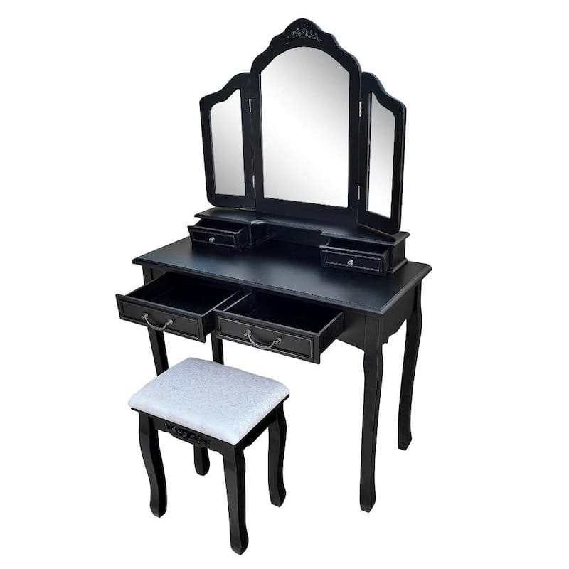 Tri-fold Black Mirror Dresser with Dressing Stool