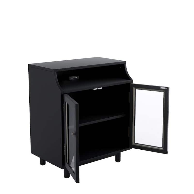 Wooden Black Nightstand with Storage Shelves and Cabinets for Living Room, Bedroom, Glass Door(25''LX16''WX26''H.)