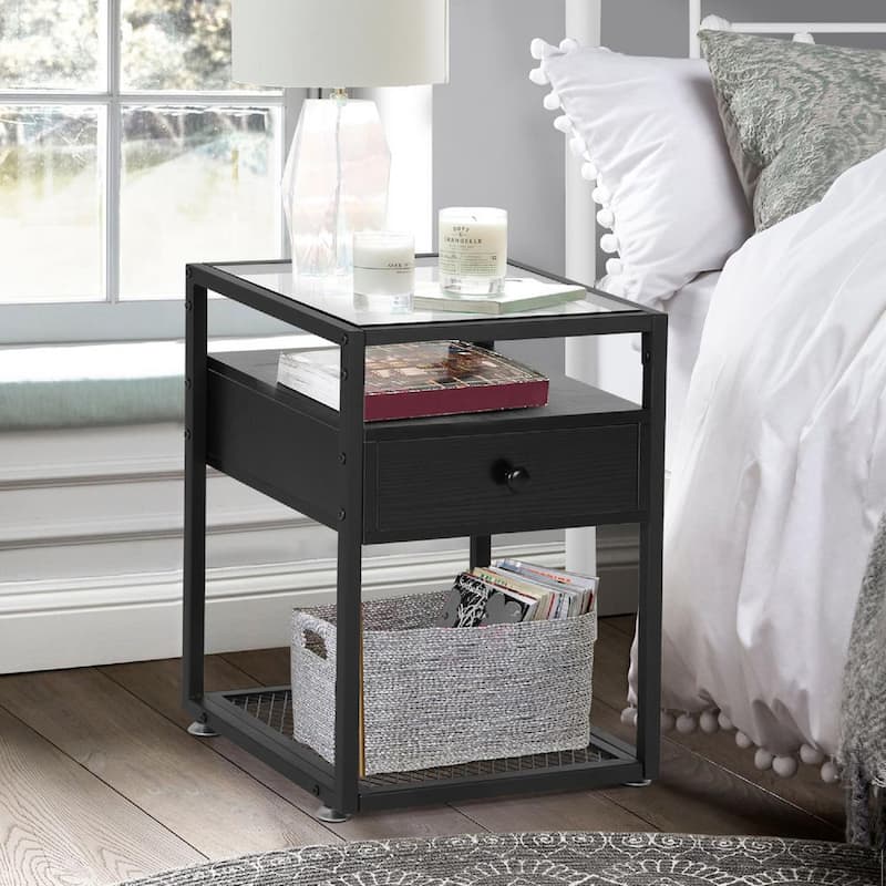 Tempered Glass Side Table, Nightstand, with Drawer and Shelf, Decoration in Living Room, 21.7X 15.7X 15.7£¬Black