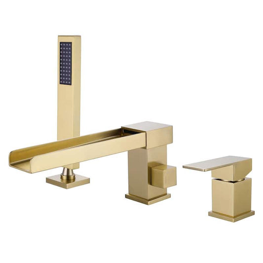 Waterfall Single-Handle Deck-Mount Roman Tub Faucet with Hand Shower in Brushed Gold