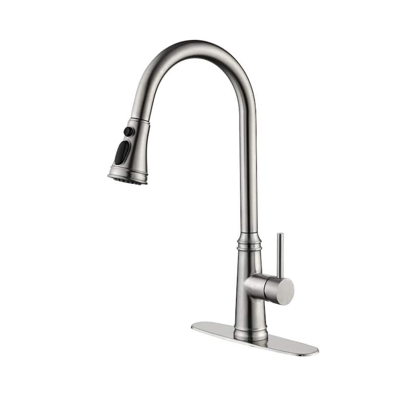 Win Single Handle Deck Mount Gooseneck Pull Down Sprayer Kitchen Faucet in Brushed Nickel