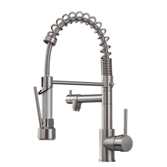 Spring Single Handle Deck Mount Low Arc Pull Down Sprayer Kitchen Faucet with Supply Line in Brushed Nickel