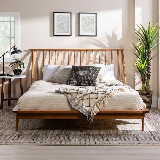 Spindle Back Solid Wood Queen Bed in Caramel