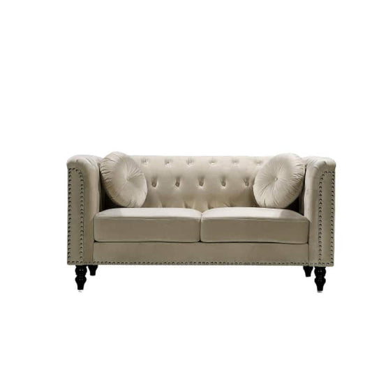 Vivian 64.17 in. Cream Classic Velvet 2-Seats Chesterfield Loveseat with Nailheads