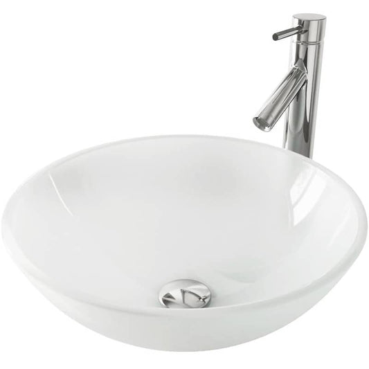 White Frost Glass Round Vessel Bathroom Sink with Dior Faucet and Pop-Up Drain in Chrome