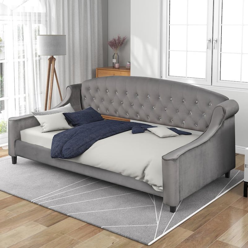 Upholstered Gray Twin Daybed with Luxury Tufted Button, Wooden Daybed Frame for Living Room Bedroom