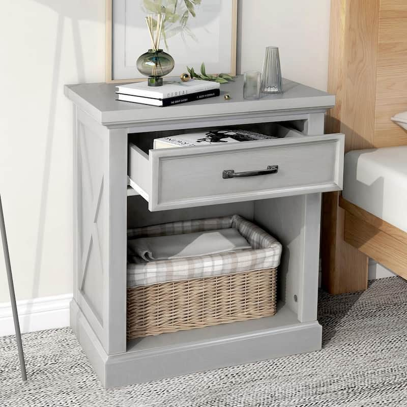 1-Drawer Gray Nightstand with 1-Open Storage, Wood Bedside, End Side Table for Bedroom 22 in. L x 15.9 in. W x 26 in. H