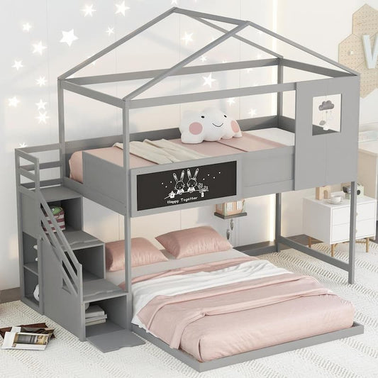 Twin Over Full House Bunk Bed with Storage Staircases and Blackboard, Wood Loft Bunk Bed with Roof and Guardrail, Grey