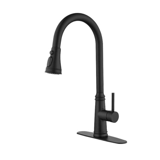 Win Single Handle Deck Mount Gooseneck Pull Down Sprayer Kitchen Faucet in Matte Black