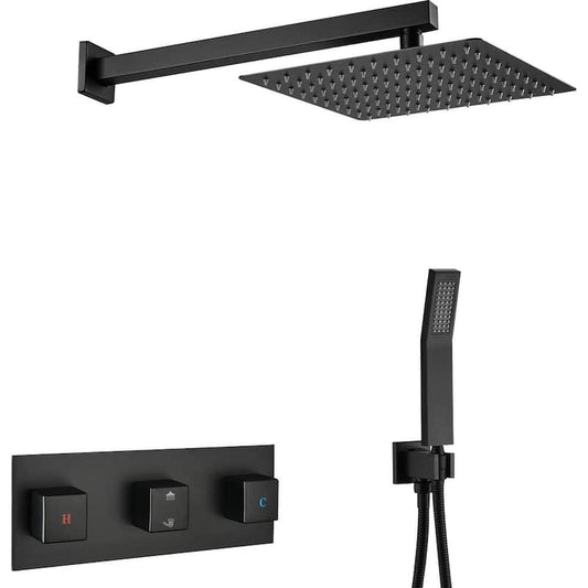 Toby 3-Handle 2-Spray 10 in. Square Wall Mount Shower Head with Hand Shower Faucet in Matte Black (Valve Included)