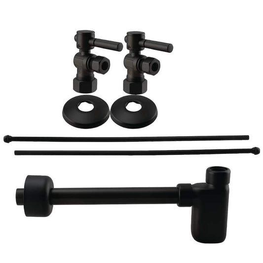 1/2 in. Nominal Compression Brass Lever Handle Angle Stop with 3/8 in. Risers P- Trap Sink Installation Kit, Matte Black