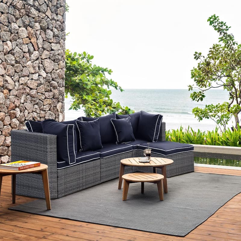 TAZZ 4-Piece Rattan Outdoor Sectional with Cushions and Throw Pillow with Gray/Navy Blue