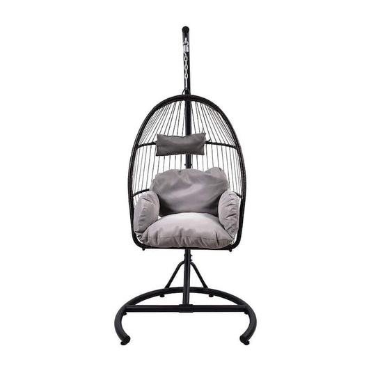 1-Person Patio Swing Chair, Indoor & Outdoor PE Wicker Porch Swing Hammock Egg Chair with Iron Stand & Gray Cushion