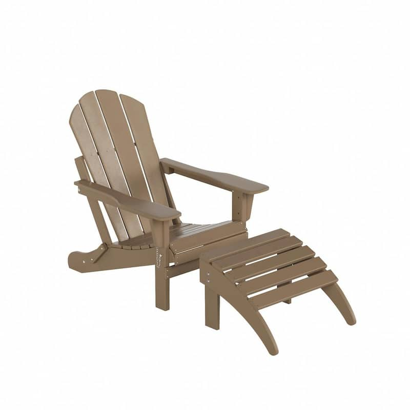 Tina Classic Weathered Wood Plastic Adirondack Chair with Ottoman Set