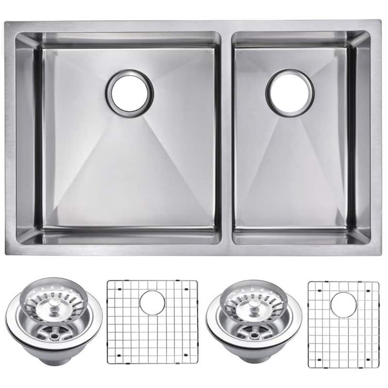 Undermount Stainless Steel 32 in. Double Bowl Kitchen Sink with Strainer and Grid in Satin