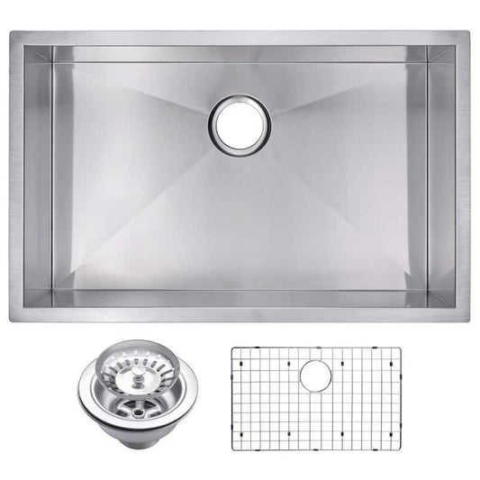 Undermount Stainless Steel 30 in. Single Bowl Kitchen Sink with Strainer and Grid in Satin