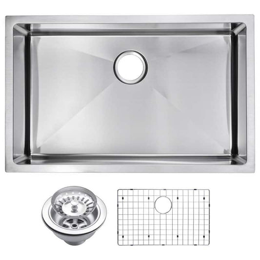 Undermount Stainless Steel 30 in. Single Bowl Kitchen Sink with Strainer and Grid in Satin