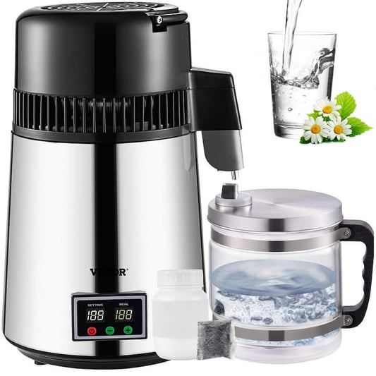 Water Distiller 1.1 Gal. Distilled Water Maker 750 Watt Dual Temperature Displays Pure Water Distiller for Home, Silver