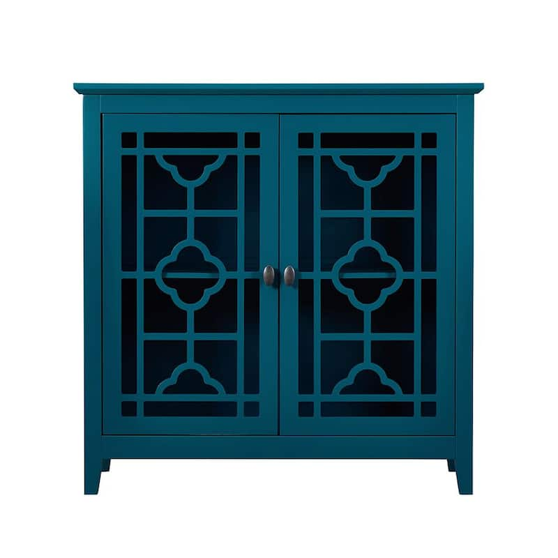 Teal Blue Wood Accent Storage Cabinet with Carved Doors and Adjustable Shelves Buffet Sideboard for Hallway Living Room