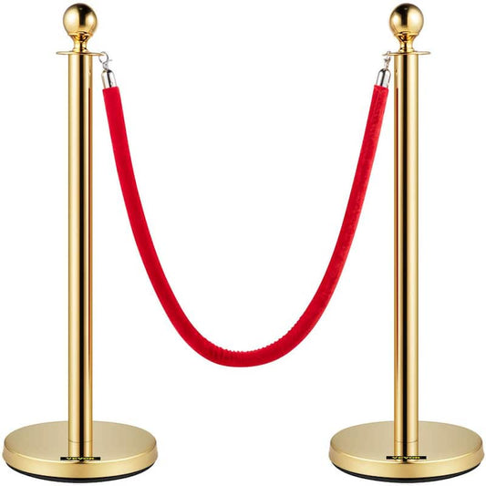 Velvet Ropes and Posts 5 ft. Red Rope Stainless Steel Gold Stanchion w/Ball Top Stanchion Crowd Control, (2-Pack Sets)