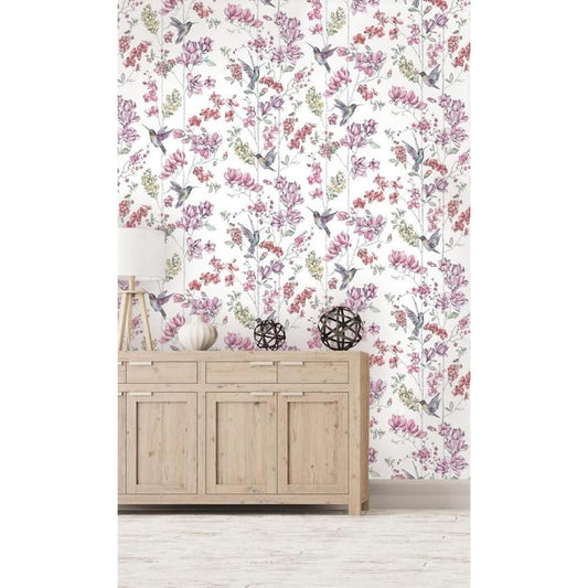 White & Multi Color Flowers and Hummingbirds Floral Shelf Liner Non-Woven Non-Pasted Wallpaper (57Sq.ft) Double Roll