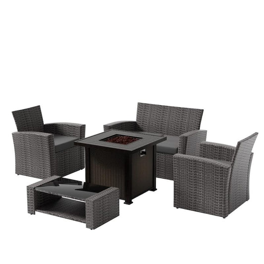 Valencia Gray 5-Piece Wicker Patio Fire Pit Conversation Set with Gray Cushions