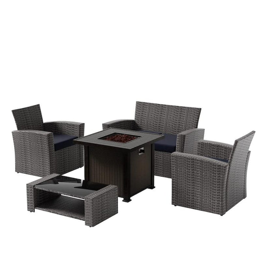 Valencia Gray 5-Piece Wicker Patio Fire Pit Conversation Set with Navy Blue Cushions