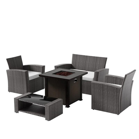 Valencia Gray 5-Piece Wicker Patio Fire Pit Conversation Set with White Cushions