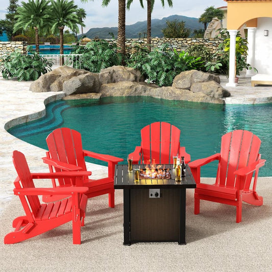 Springville Red 5-Piece HDPE Plastic Folding Adirondack Patio Fire Pit Conversation Set