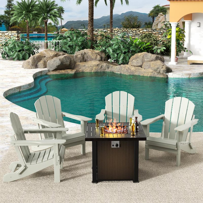 Springville Sand 5-Piece HDPE Plastic Folding Adirondack Patio Fire Pit Conversation Set