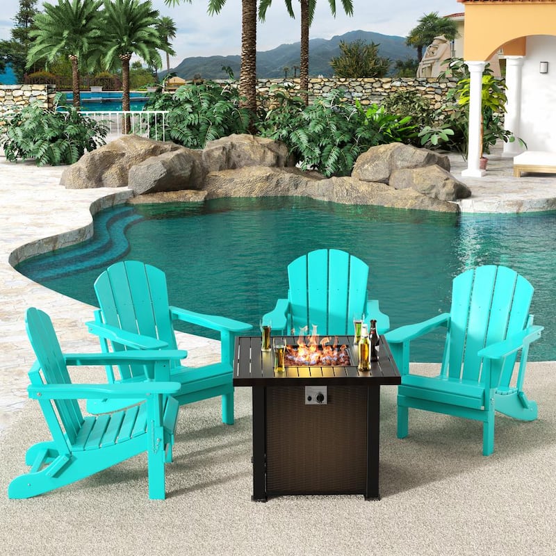 Springville Turquoise 5-Piece HDPE Plastic Folding Adirondack Patio Fire Pit Conversation Set