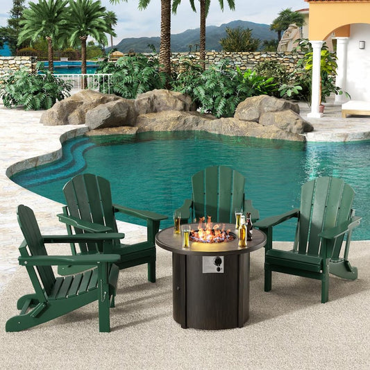 Springville Dark Green 5-Piece HDPE Plastic Folding Adirondack Patio Fire Pit Conversation Set