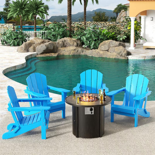 Springville Pacific Blue 5-Piece HDPE Plastic Folding Adirondack Patio Fire Pit Conversation Set