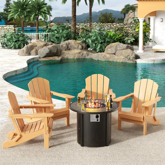 Springville Teak 5-Piece HDPE Plastic Folding Adirondack Patio Fire Pit Conversation Set