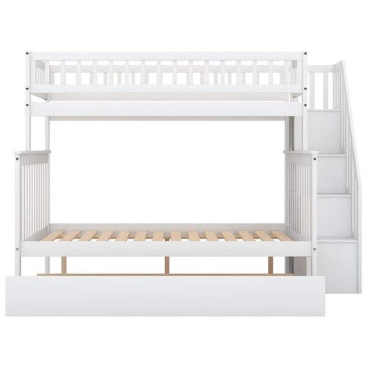 Vraizel White Twin Over Full Bunk Bed with Trundle and Staircase