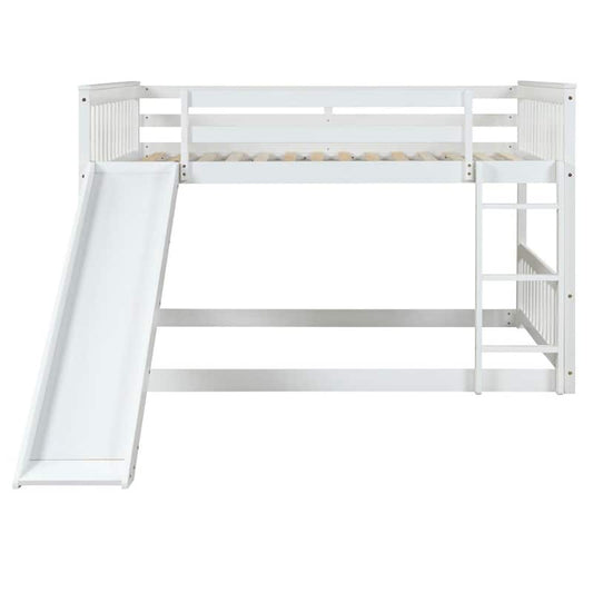 White Full over Full Bunk Bed Pine Wood Bed Frame with Slide, Safety Guardrails and Ladder For Boys and Girls