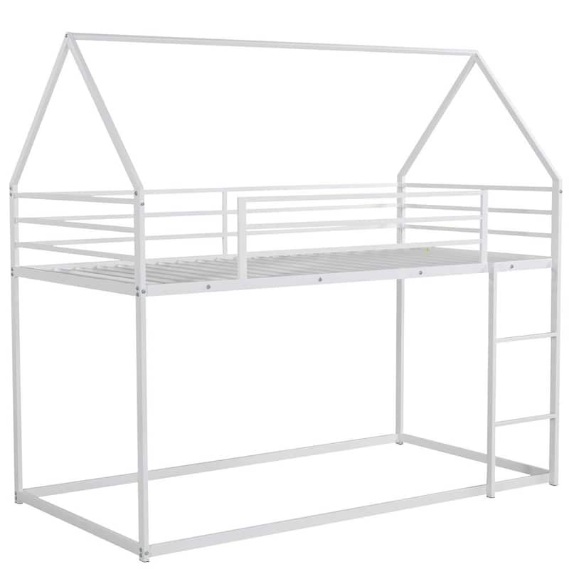 White Twin-Over-Twin Metal House Bunk Bed with Convertible Ladder, Metal Low Bunk Bed with House Shape and Roof