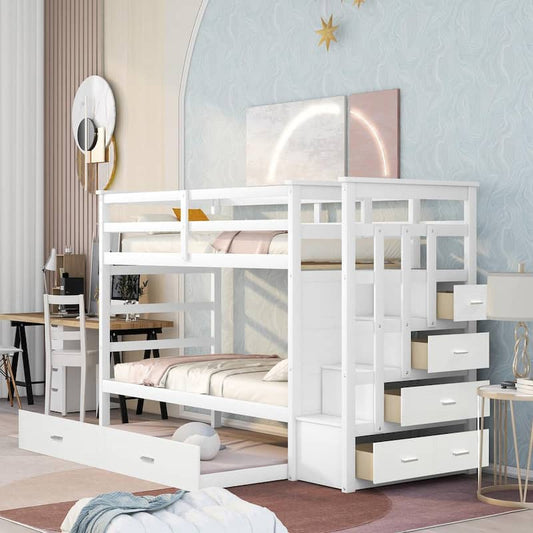 White Twin Over Twin Bunk Bed with Trundle, Solid Wood Bunk Bed Frame with Stairs and 4-Storage Drawers for Kids Teens