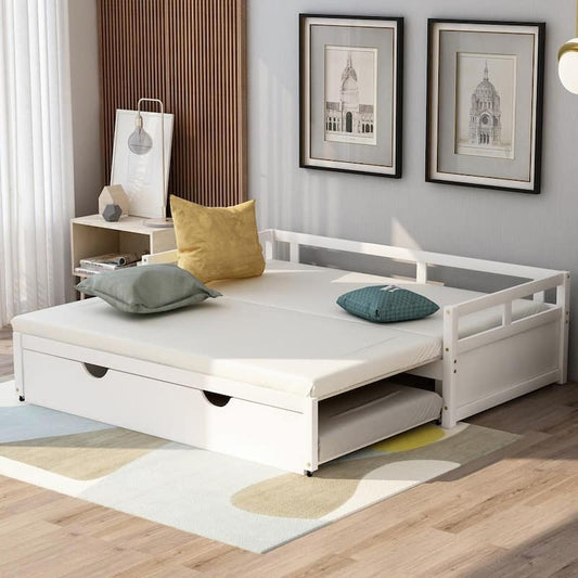 White Daybed Twin Size, Twin Daybed with Trundle, Extending Wooden Daybed, Sofa Bed for Bedroom/Living Room