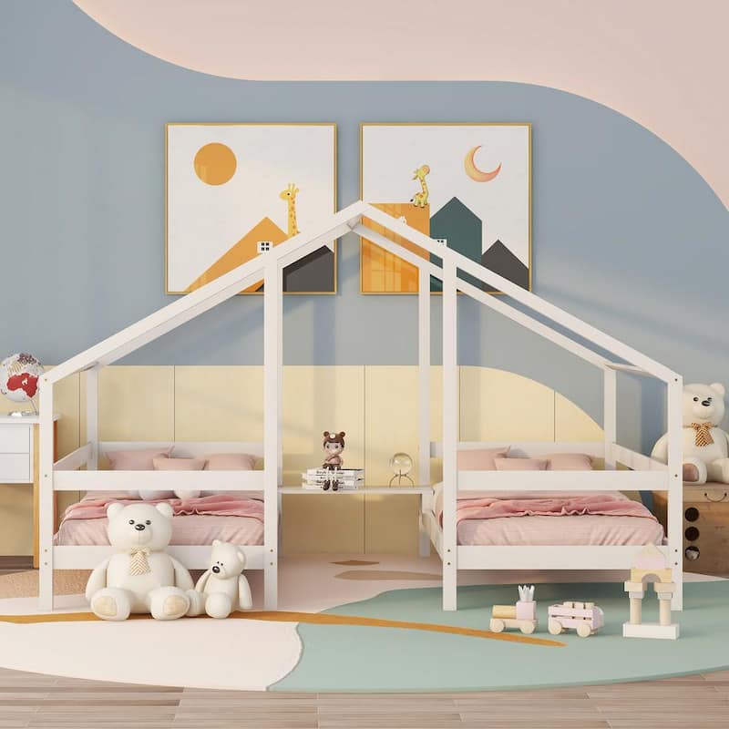 White Double Twin Size Triangular House Bed Frame with Built-in Table, Twin Size Platform Bed for Kids Boys Girls Teens