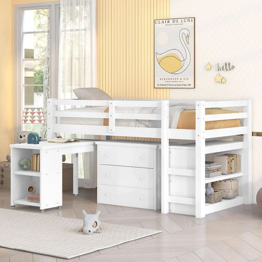 White Twin Size Low Study Loft Bed Frame with Storage Cabinet and Rolling Portable Desk for Kids and Teenagers