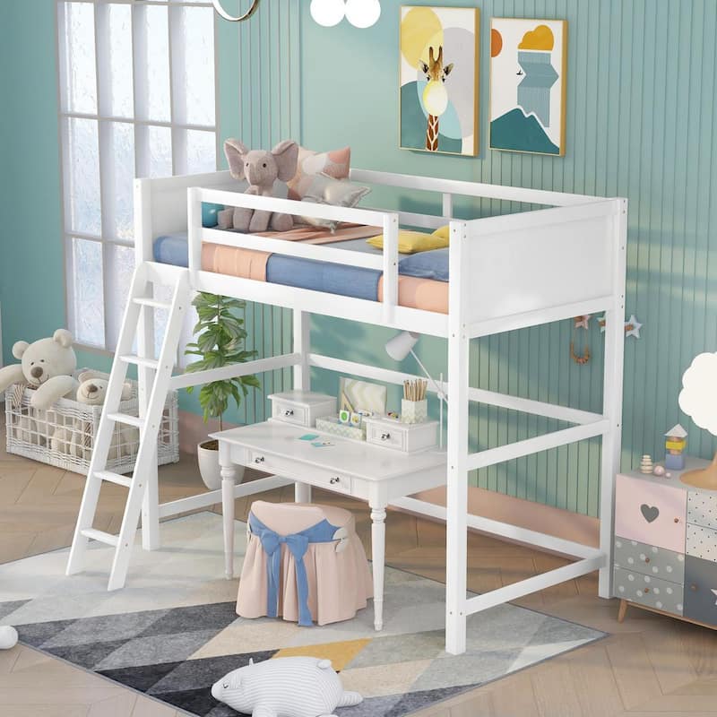 Twin Size High Loft Bed with Ladder for Kids Bedroom, Solid Wood Bed Frame with Guardrails, Space Saving Design, White