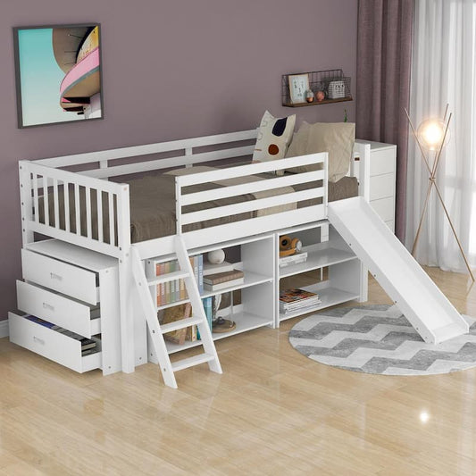 White Twin Loft Bed with Slide, Wood Low Loft Bed with Attached Bookcases and Separate 3-Tier Drawers for Kids