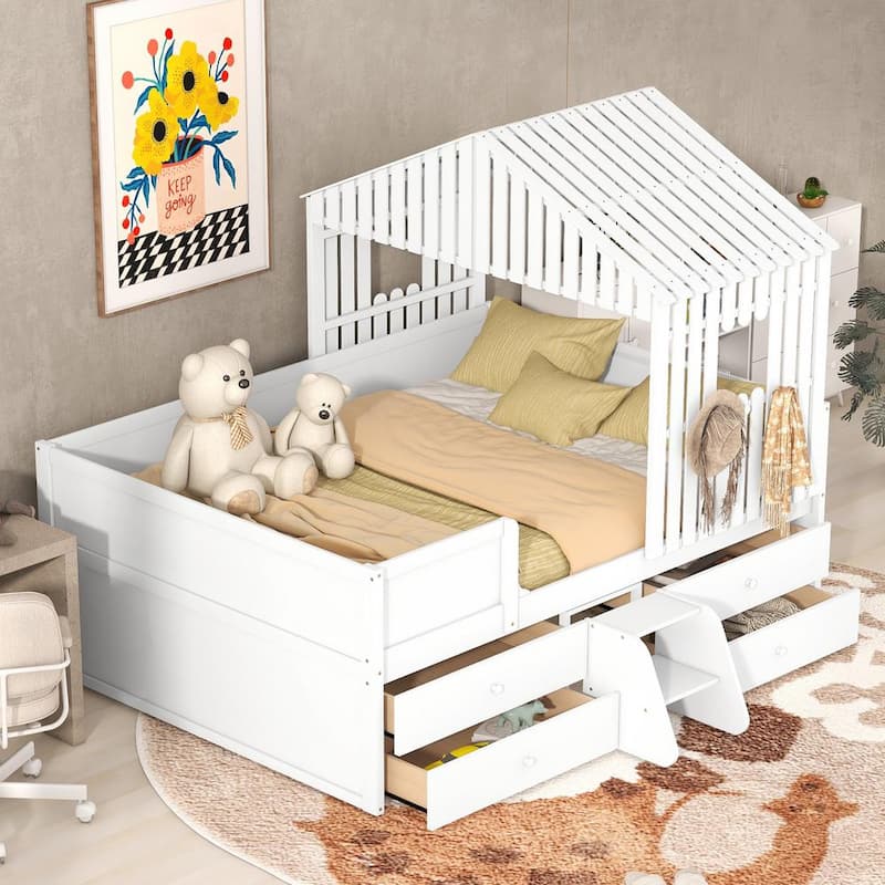 White Full Size House Low Loft Bed with Four Drawers, Wooden Bed Frame with Roof & Windows for Kids