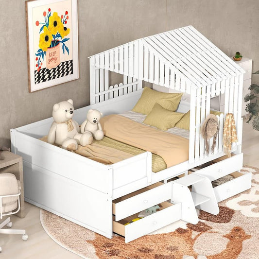 White Full Size House Low Loft Bed with Four Drawers, Wooden Bed Frame with Roof & Windows for Kids