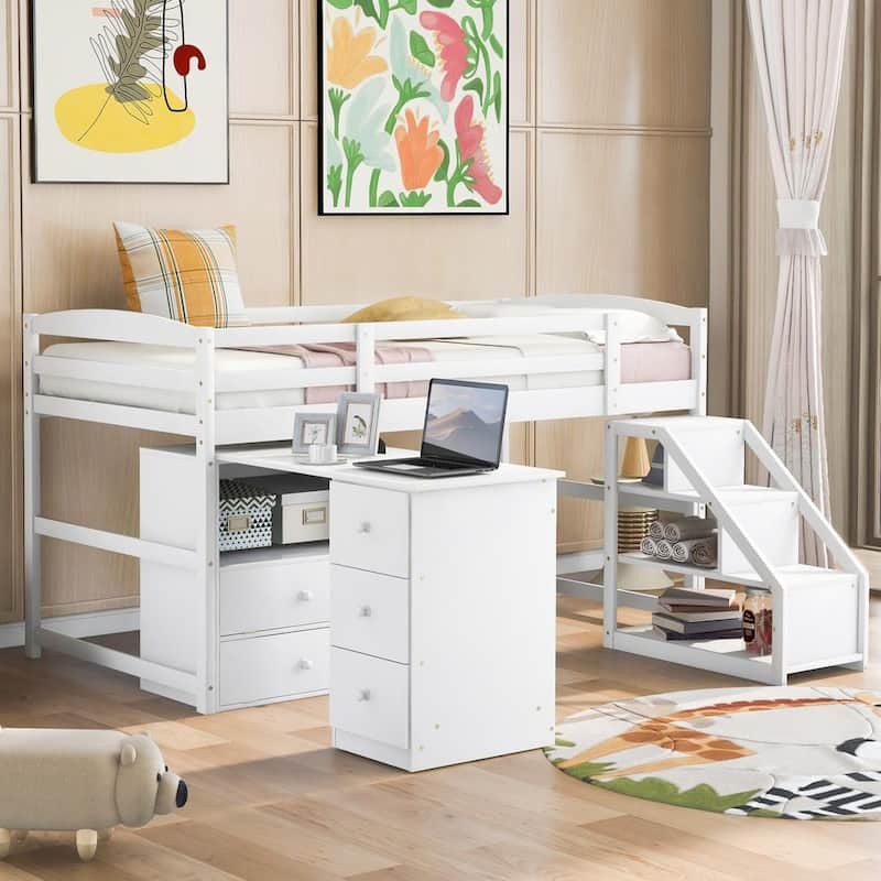 Wooden White Low Twin Size Loft Bed with Desk and Staircase, Loft Bed with Storage Drawers and Movable Built-in Desk